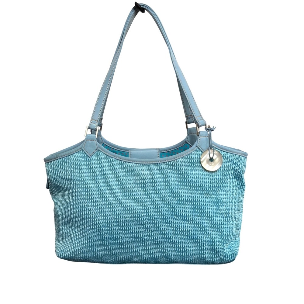 The Sak Handbag Robin Egg Blue Nylon Woven Purse Leather Trim Shell Charm Resort